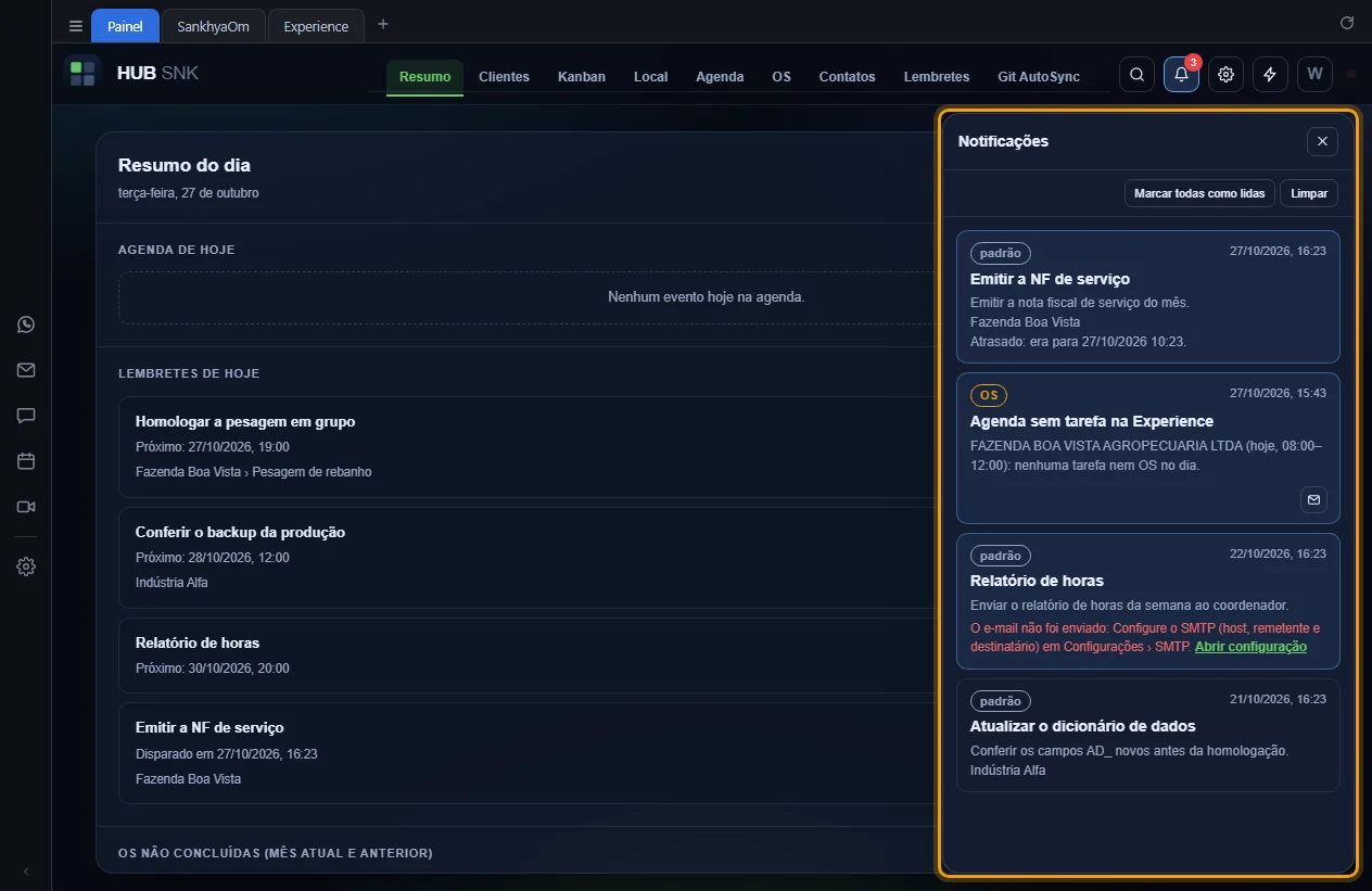 Painel Notificações aberto com lembretes e o alerta da agenda