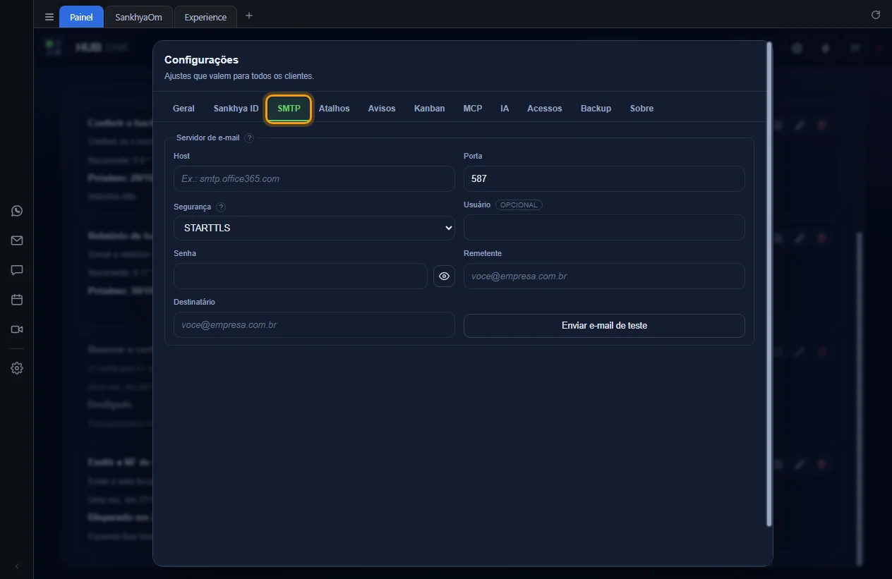 Aba SMTP das Configurações destacada