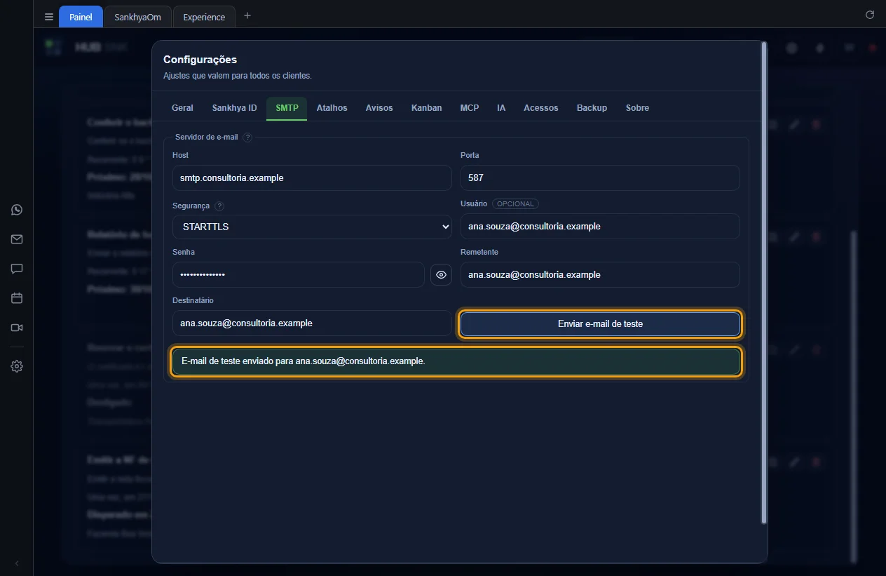 Resultado E-mail de teste enviado abaixo do botão Enviar e-mail de teste