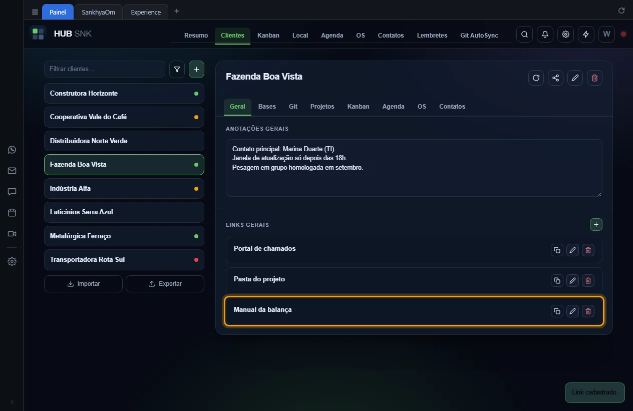 Link novo no fim da lista, com o aviso Link cadastrado