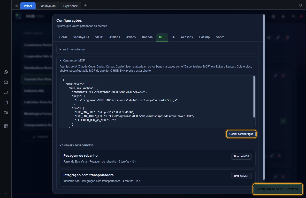 Botão Copiar configuração destacado e o aviso de configuração copiada