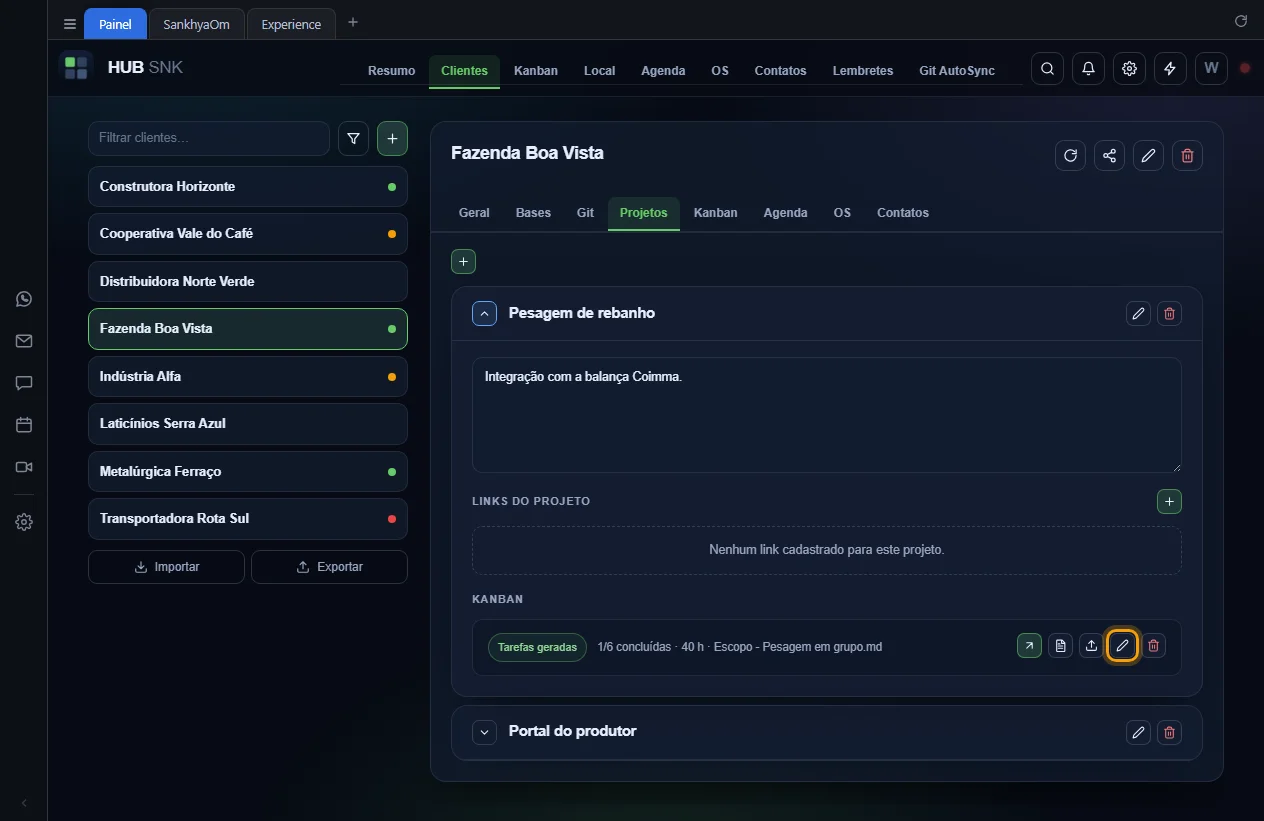 Botão Editar o kanban destacado na linha do kanban Pesagem de rebanho