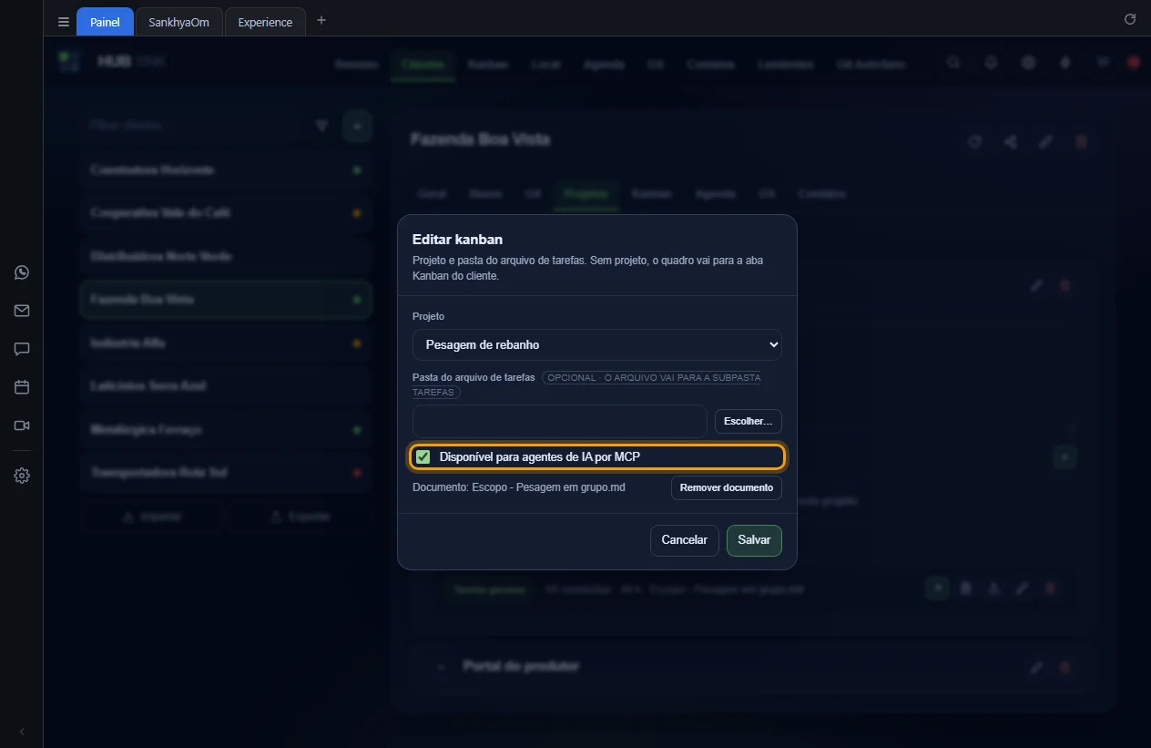 Caixa Disponível para agentes de IA por MCP marcada na janela Editar kanban