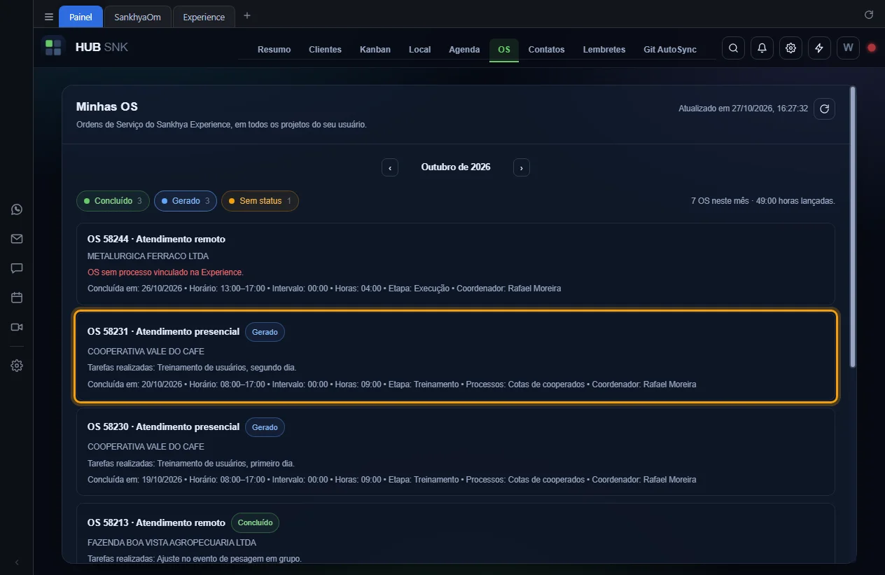 Uma OS da lista destacada, com status, empresa, tarefas e detalhes