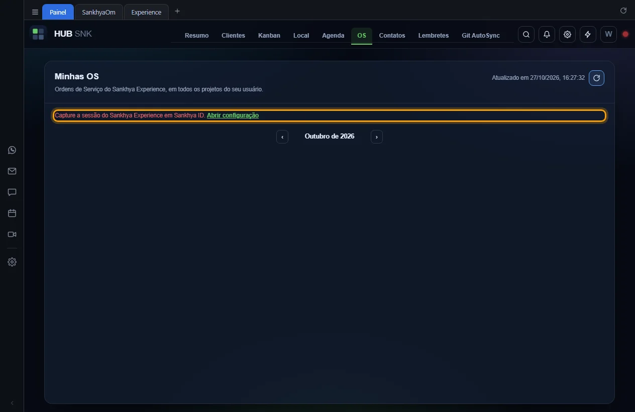 Mensagem de sessão do Experience ausente com o atalho Abrir configuração