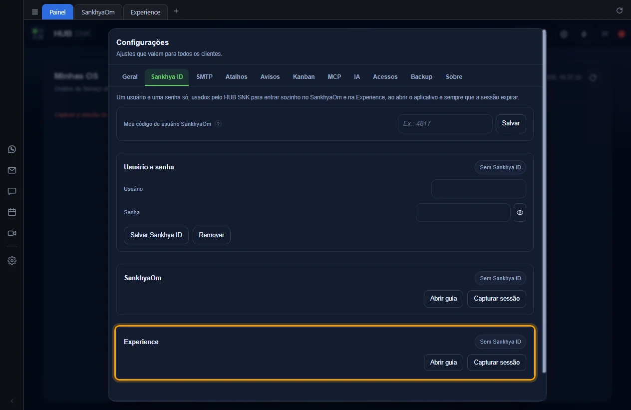 Configurações abertas na aba Sankhya ID com o cartão Experience destacado