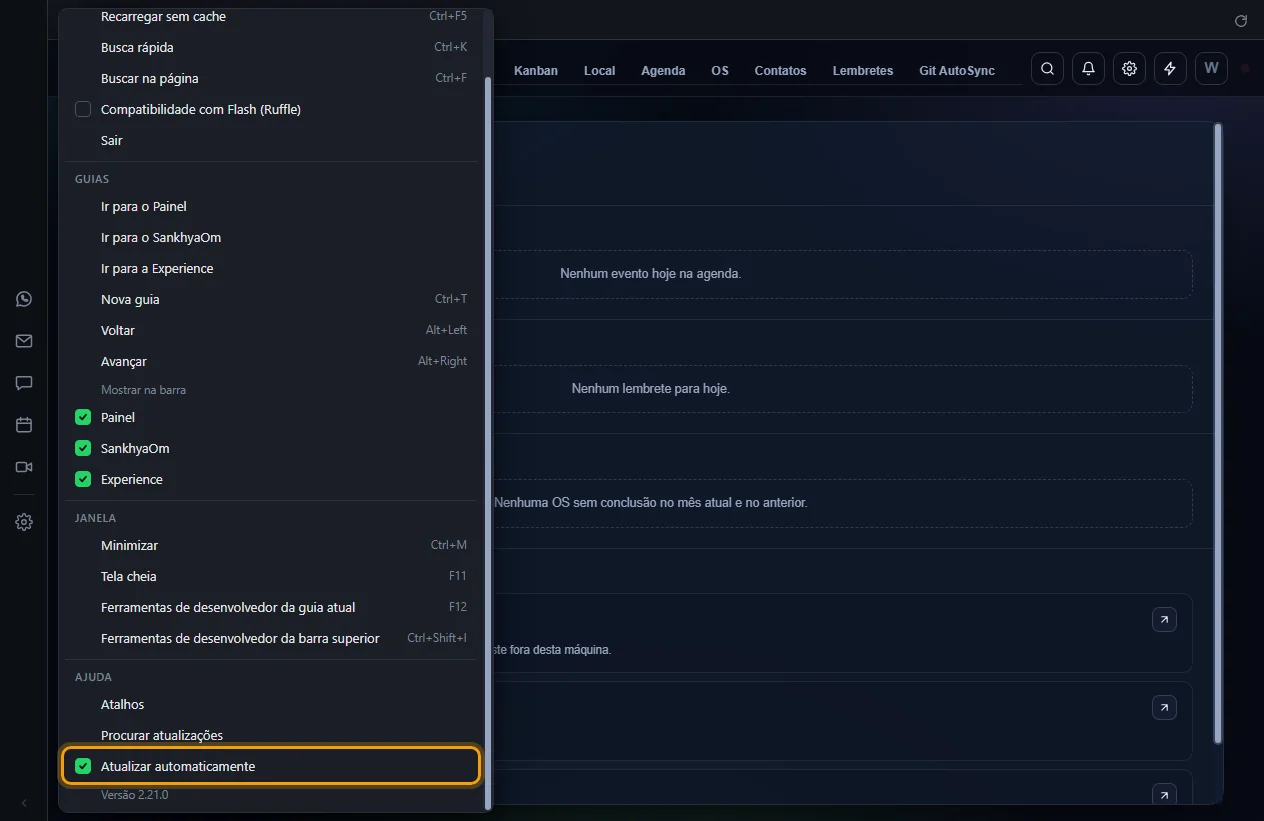 Menu ☰ aberto com a caixa Atualizar automaticamente destacada em Ajuda