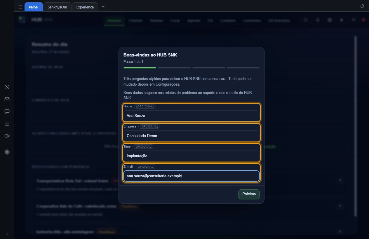 Passo 1 de 4 com nome, empresa, time e e-mail preenchidos