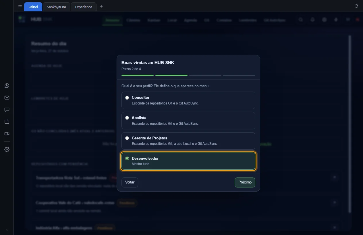 Passo 2 de 4 com o perfil Desenvolvedor marcado