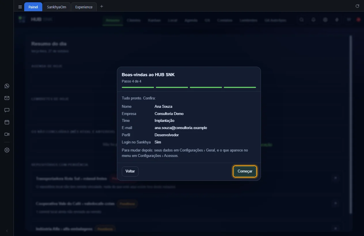 Passo 4 de 4 com o resumo das respostas e o botão Começar