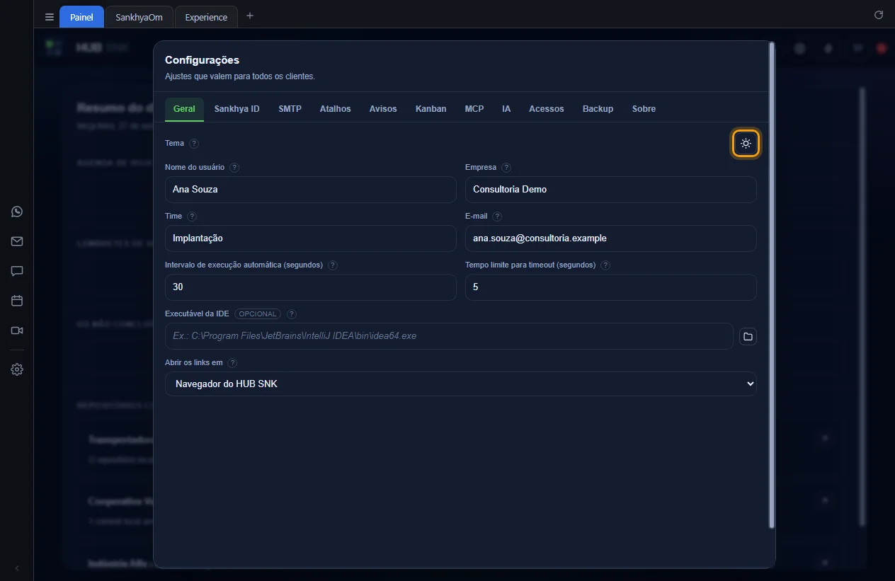 Botão de tema destacado no alto da aba Geral das Configurações