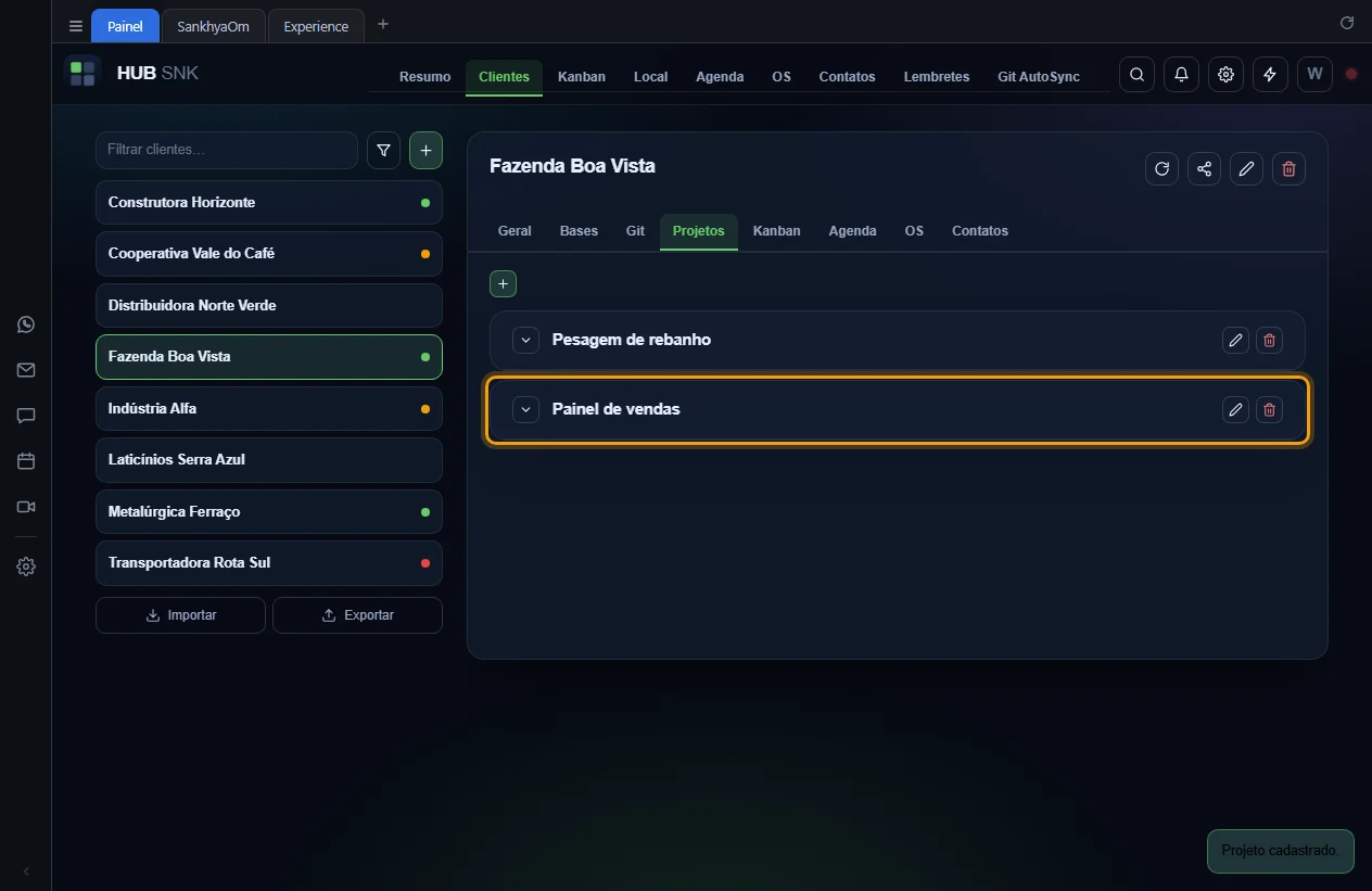 Projeto Painel de vendas novo na lista, com o aviso Projeto cadastrado