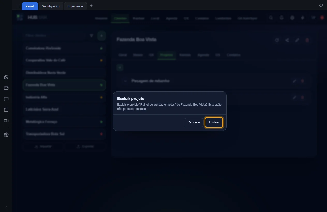 Janela de confirmação da exclusão de projeto sem kanban