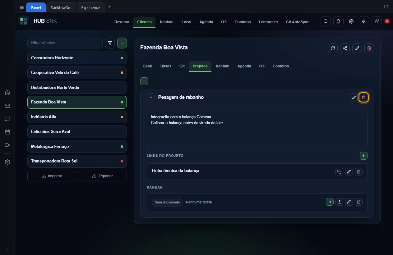 Botão Excluir projeto destacado no projeto Pesagem de rebanho, que tem kanban