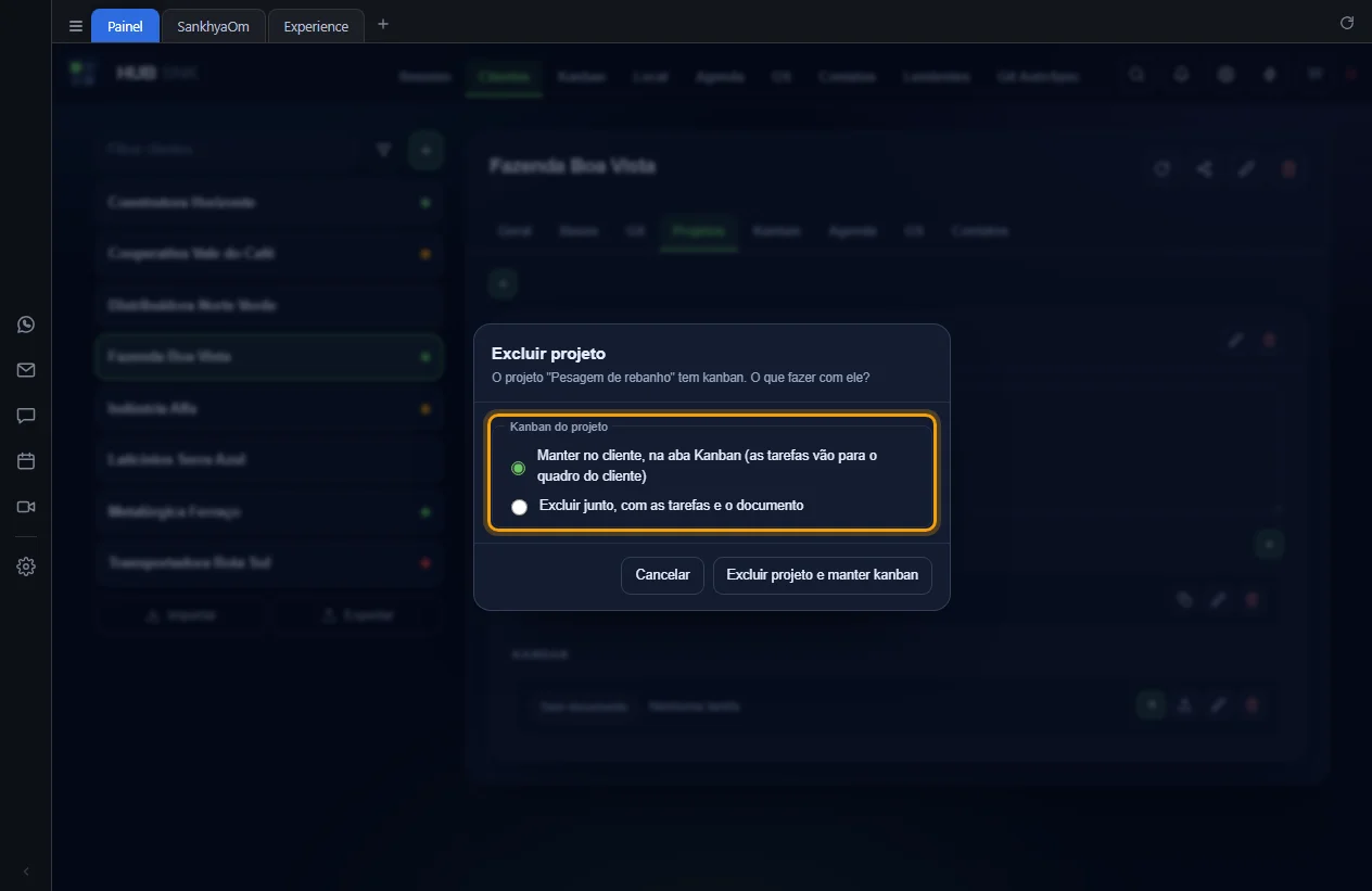 Janela Excluir projeto perguntando o que fazer com o kanban