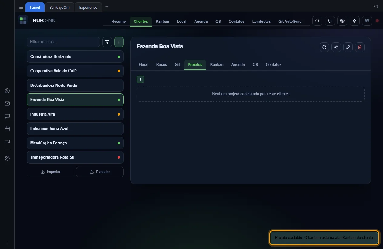Aviso Projeto excluído. O kanban está na aba Kanban do cliente
