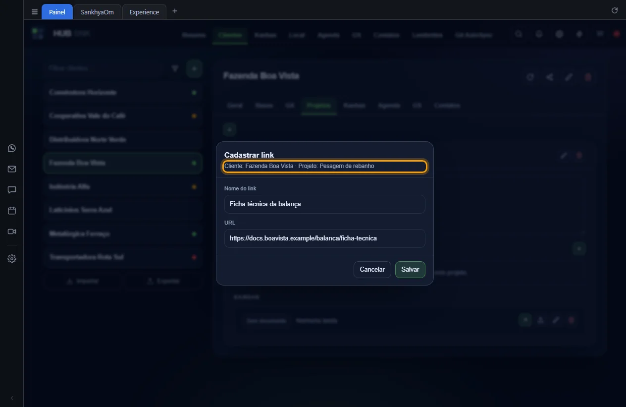 Janela Cadastrar link com o cliente e o projeto no subtítulo