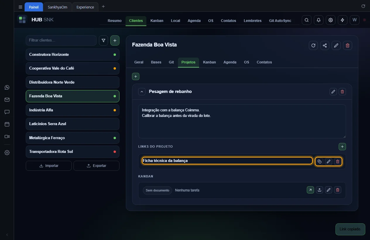 Link do projeto com o nome e os botões de copiar, editar e excluir destacados