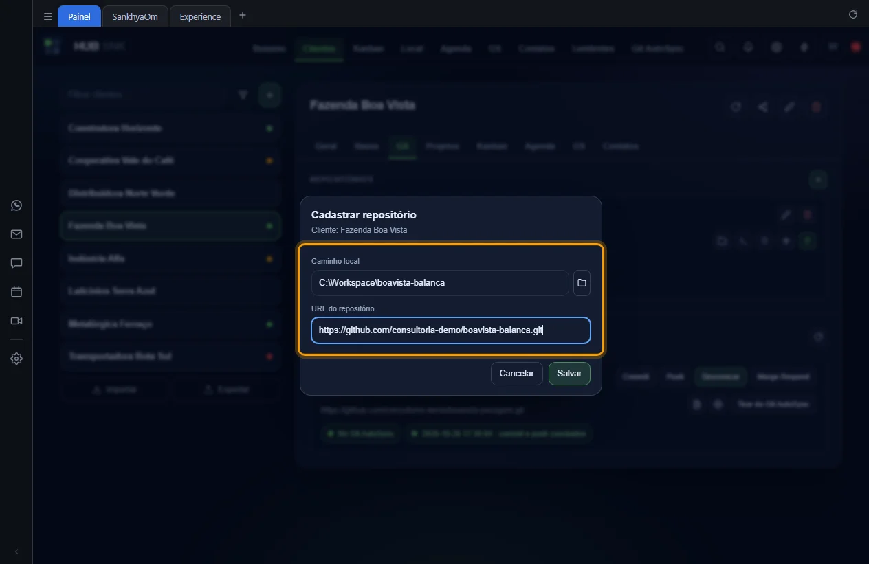 Janela Cadastrar repositório preenchida
