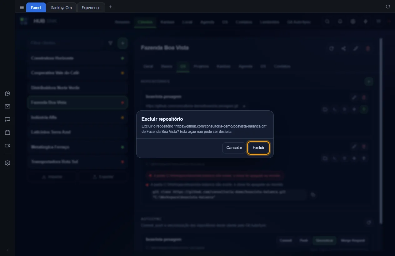 Janela de confirmação Excluir repositório