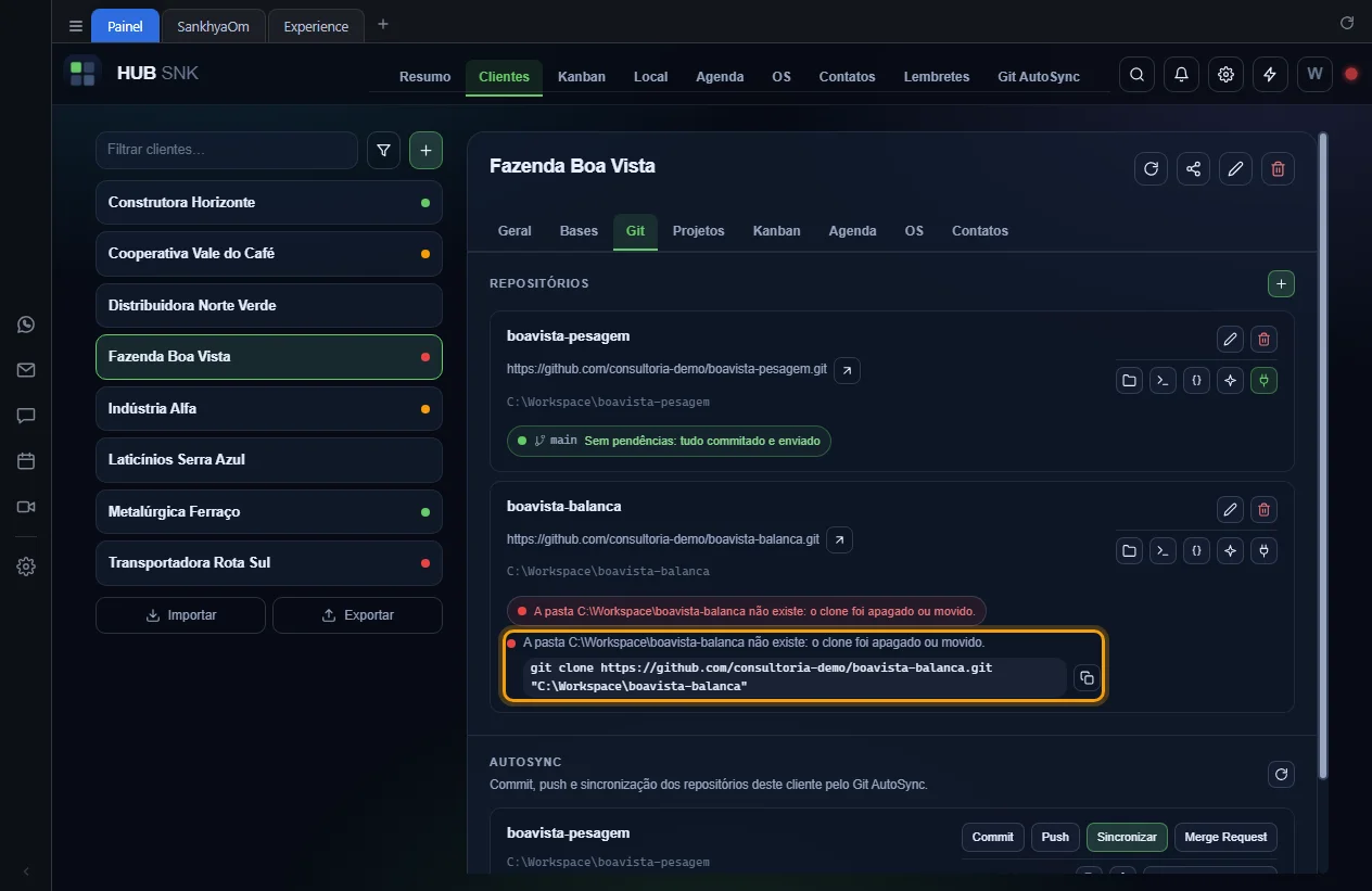 Lista de pendências aberta, com o comando git clone sugerido
