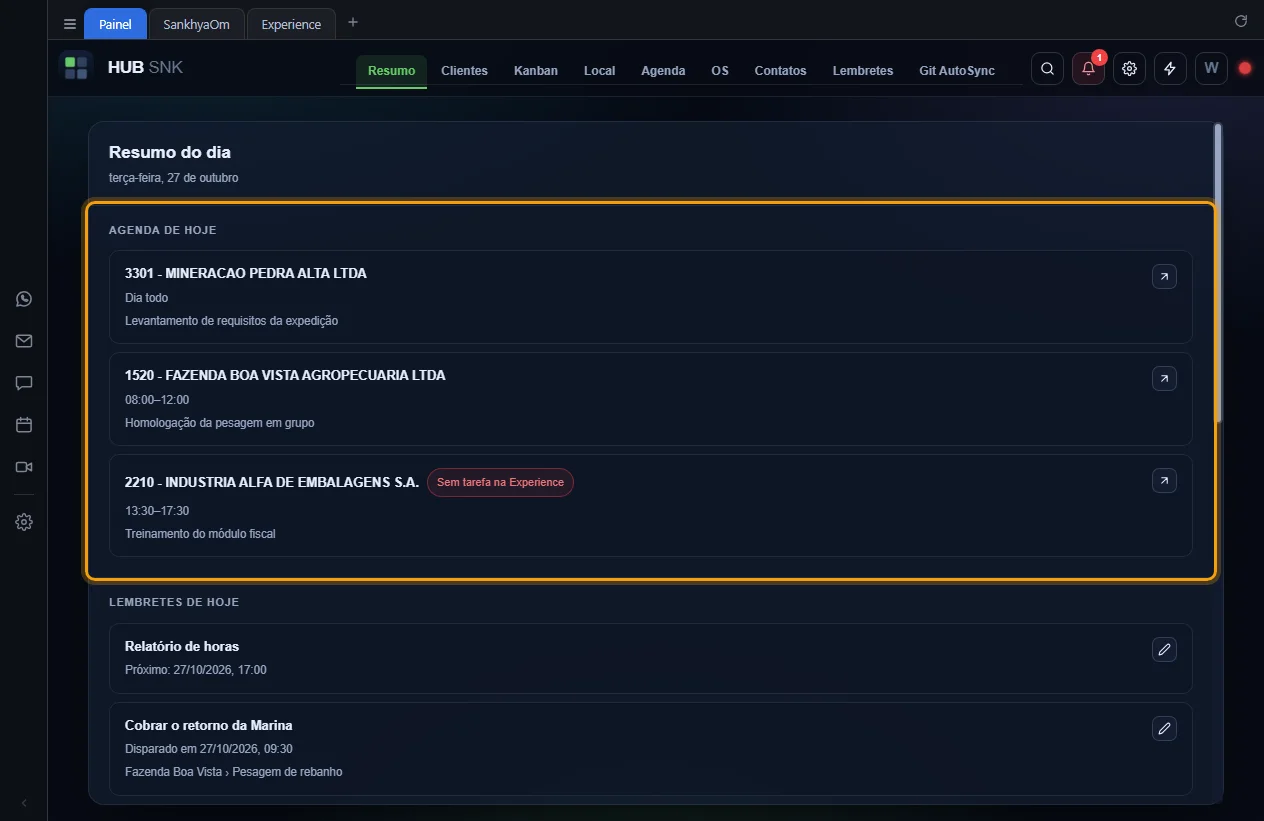 Seção Agenda de hoje destacada, com três eventos