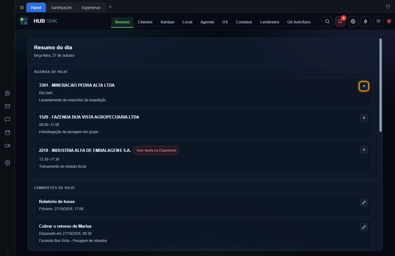 Seta Abrir na Agenda destacada no primeiro evento