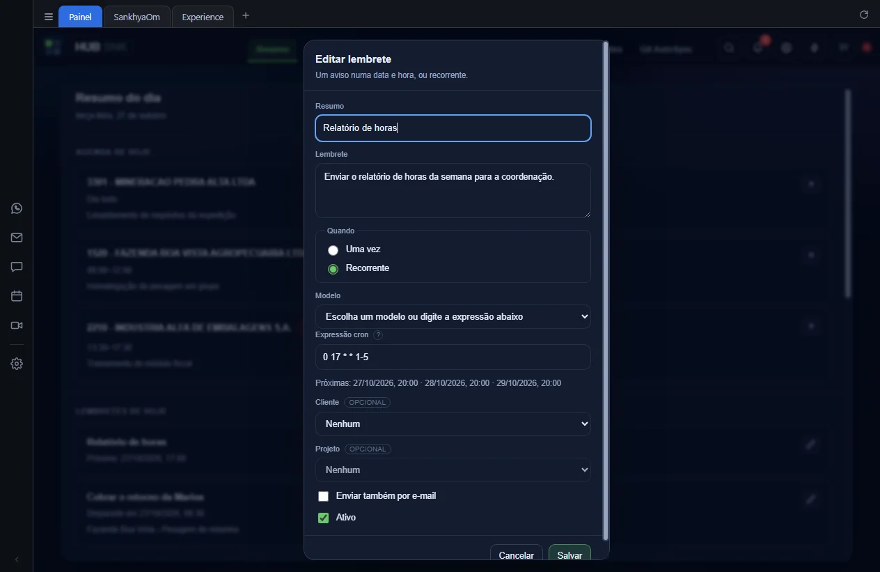 Janela Editar lembrete aberta pelo Resumo