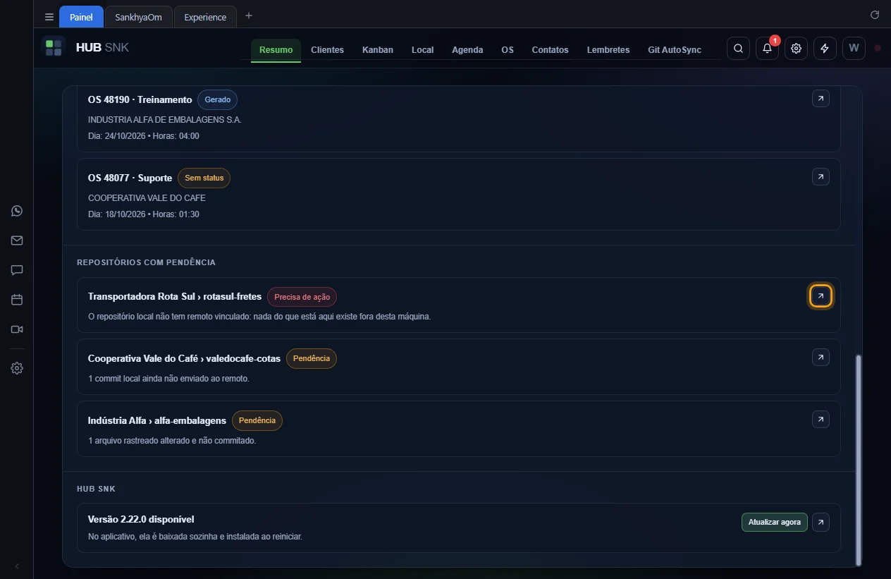 Seta Abrir no cliente destacada no repositório da Transportadora Rota Sul