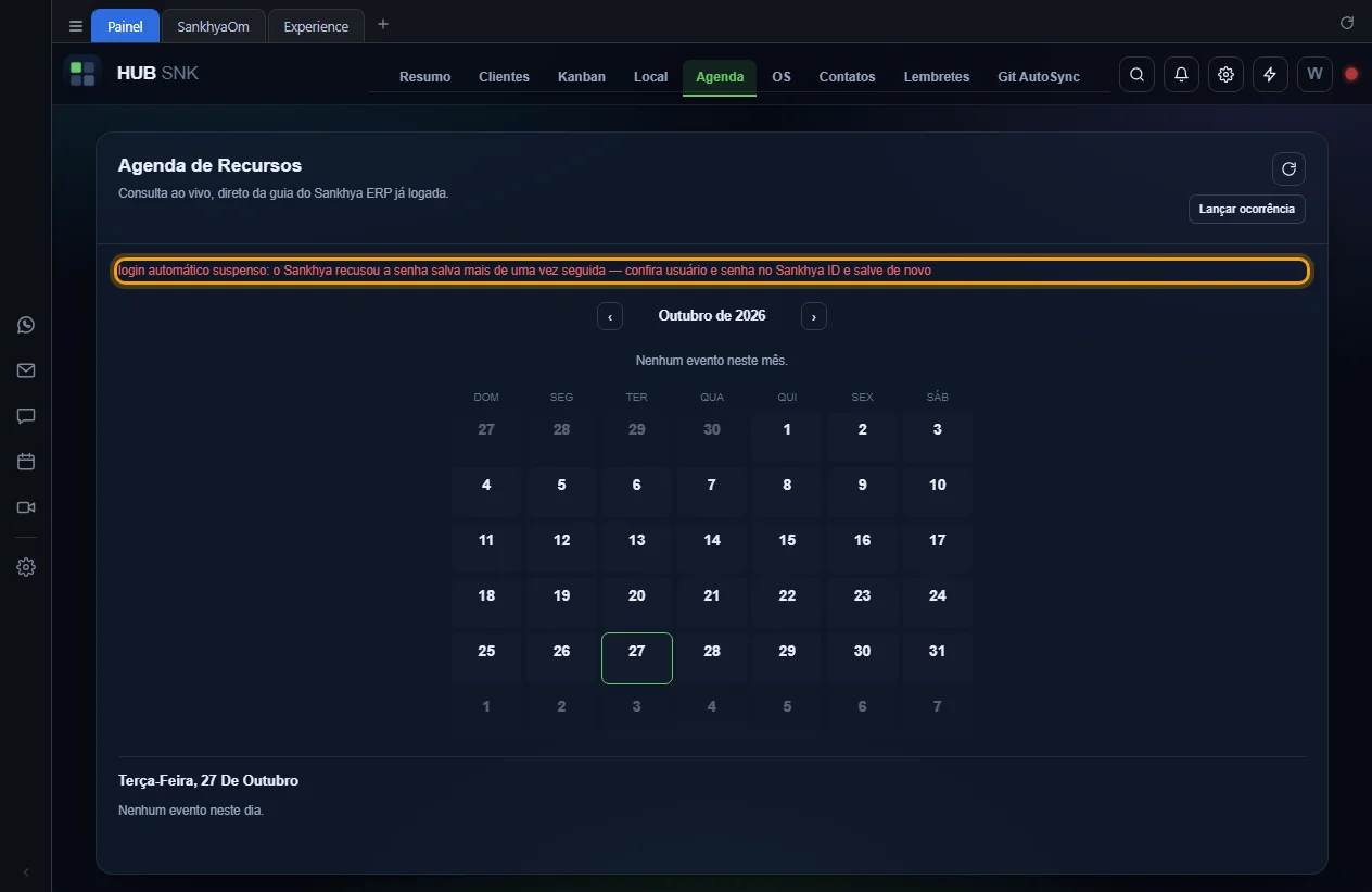 Mensagem de login automático suspenso acima do calendário da Agenda
