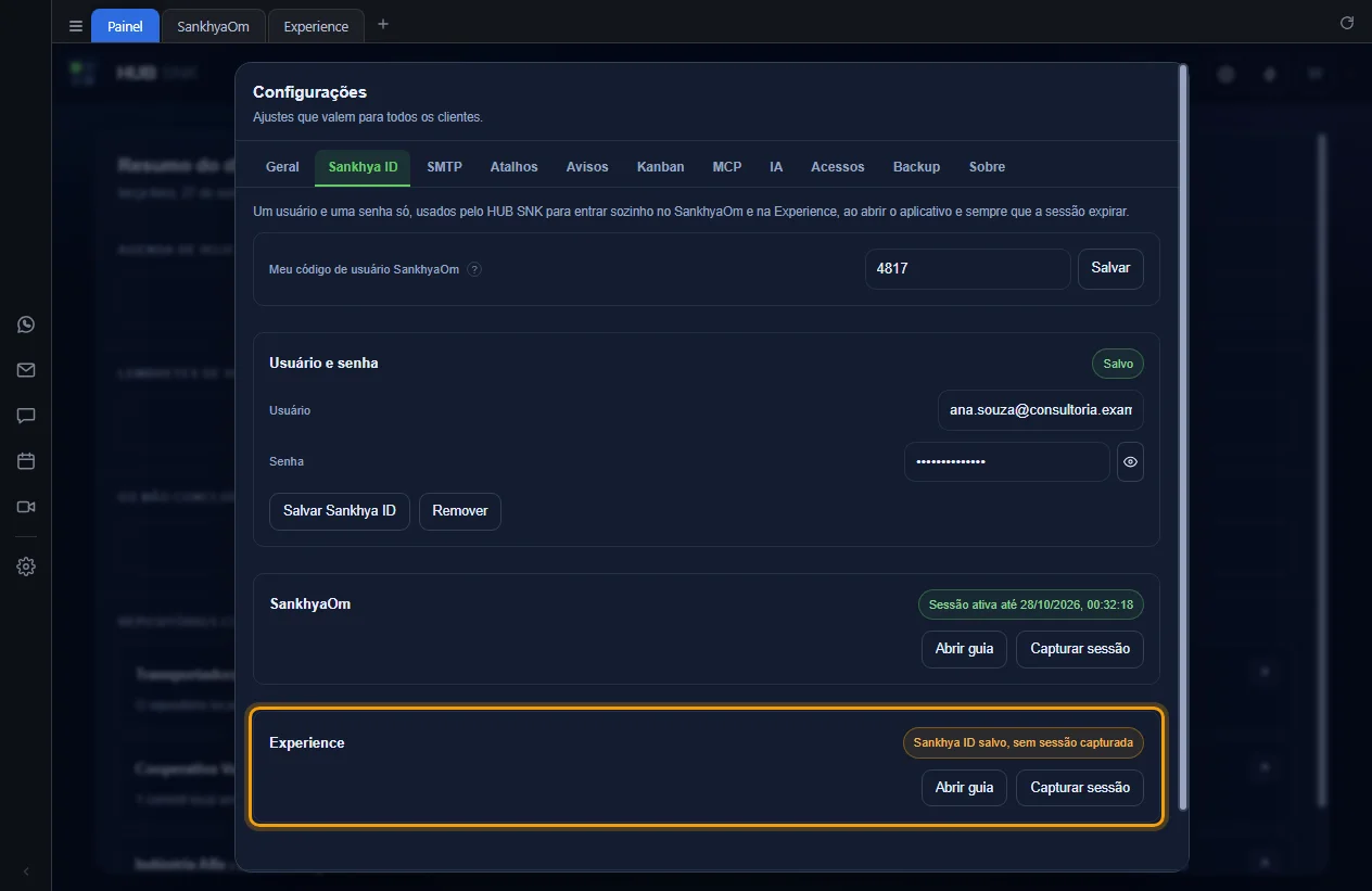 Cartão Experience sem sessão capturada, com Abrir guia e Capturar sessão