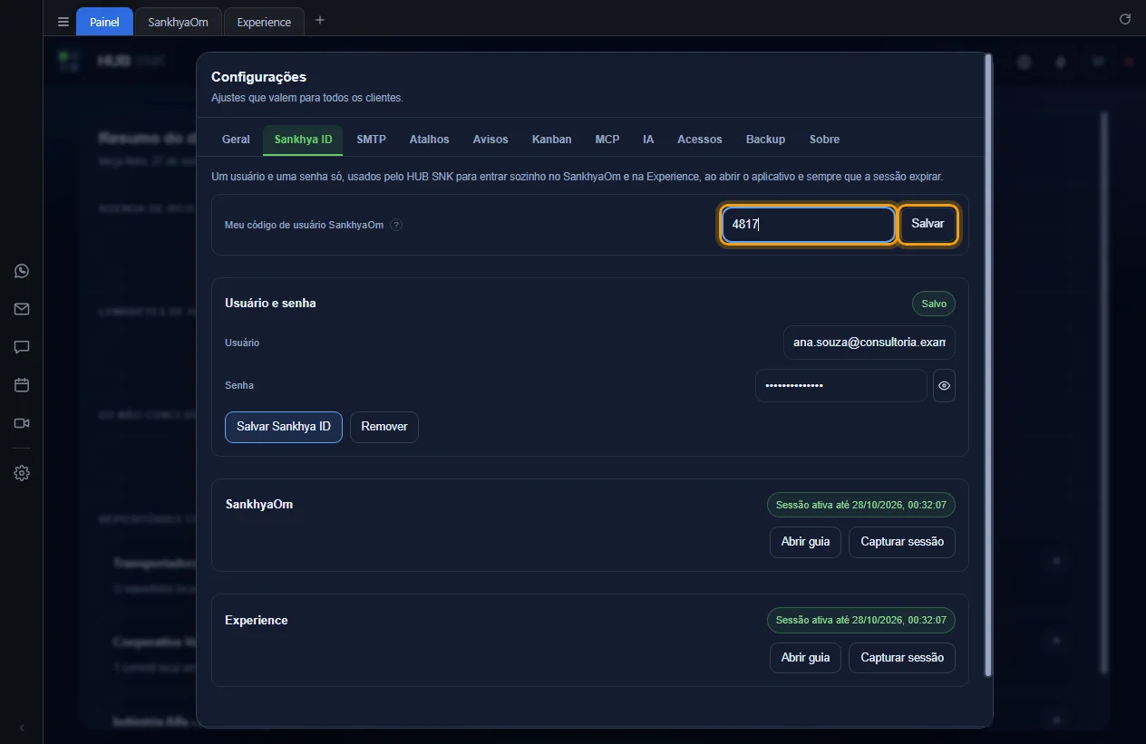 Campo Meu código de usuário SankhyaOm e o botão Salvar destacados