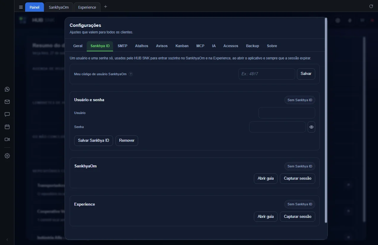 Configurações com a aba Sankhya ID destacada