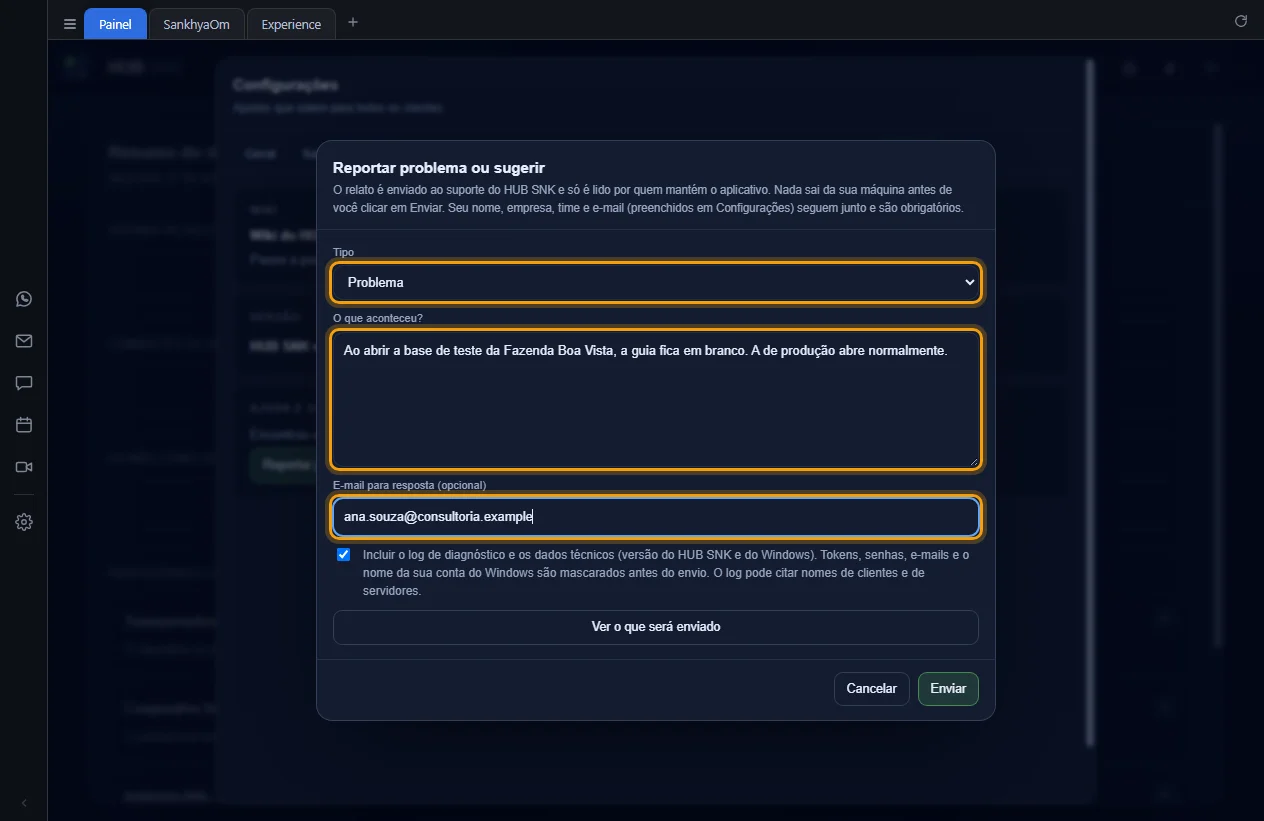 Janela Reportar problema ou sugerir com tipo, descrição e e-mail preenchidos