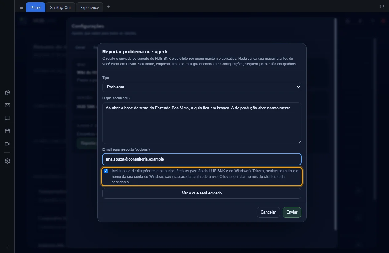 Caixa Incluir o log de diagnóstico e os dados técnicos destacada