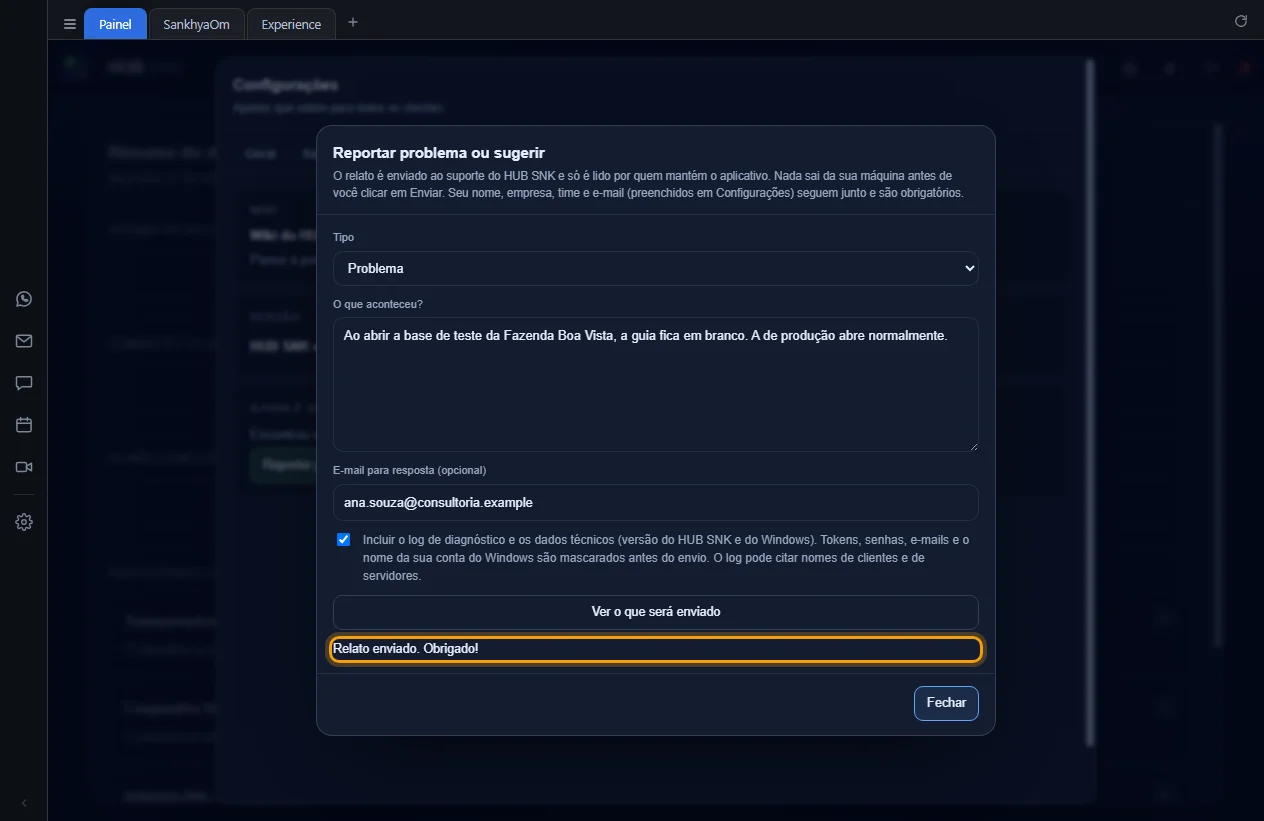 Aviso Relato enviado. Obrigado! na janela do relato