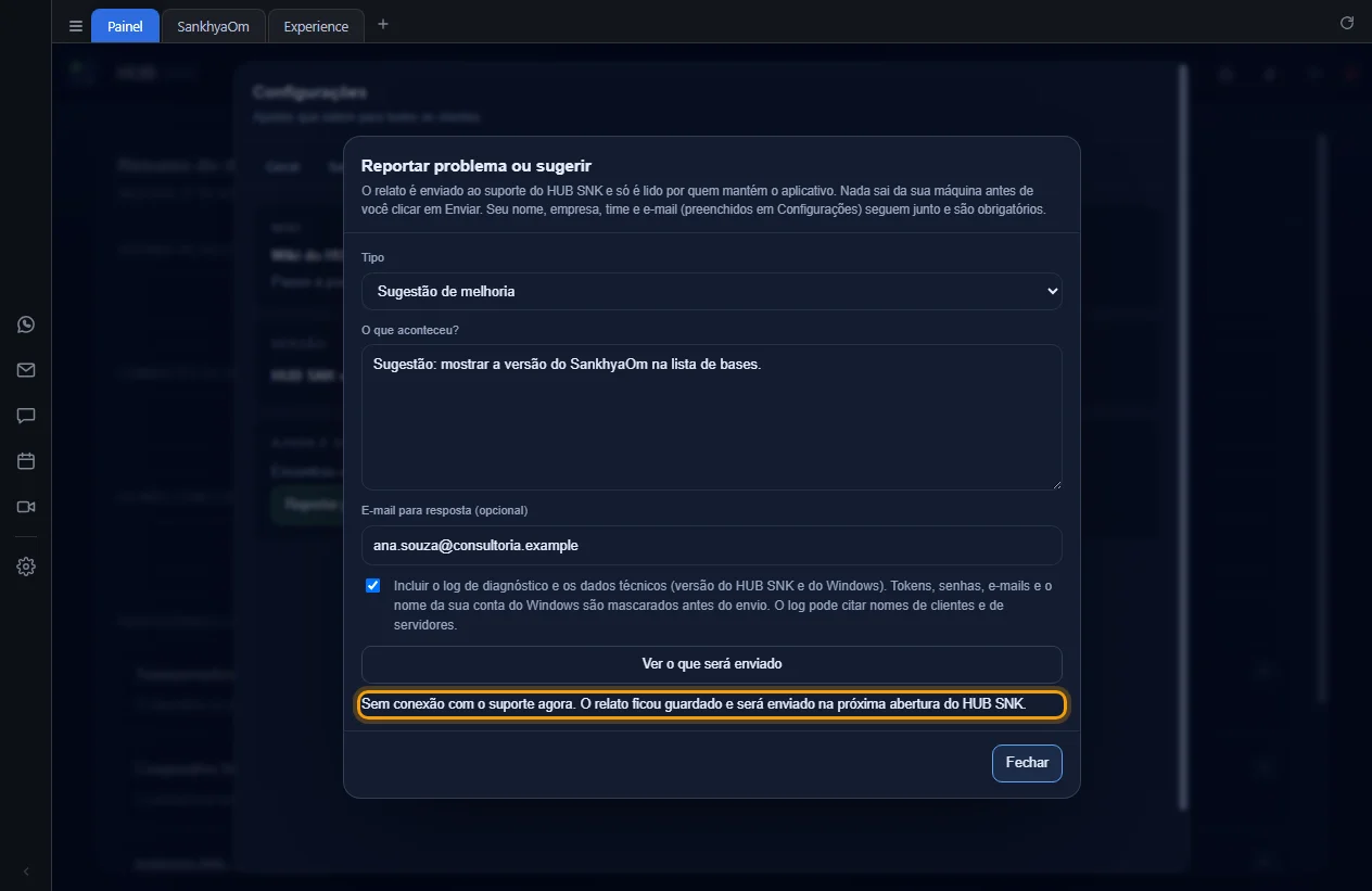 Aviso de relato guardado para envio na próxima abertura